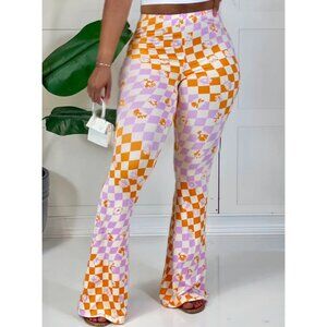 NEW Floral Wavy Checkerboard Flared Long Pants